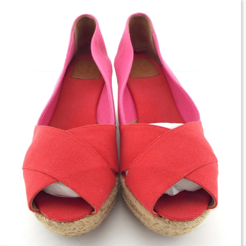 TORY BURCH Red & Pink Canvas Espadrille Wedges 11 - Picture 3 of 8